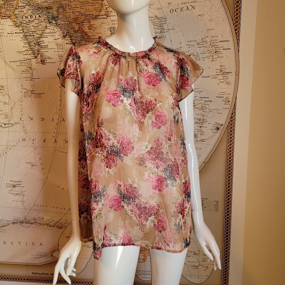 Torrid tan pink moody floral sheer blouse ruffle cap sleeves fairy girly  M/L